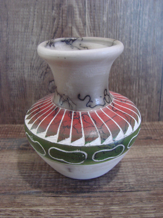 Small Native American Hand Etched Horse Hair Pottery - Benally