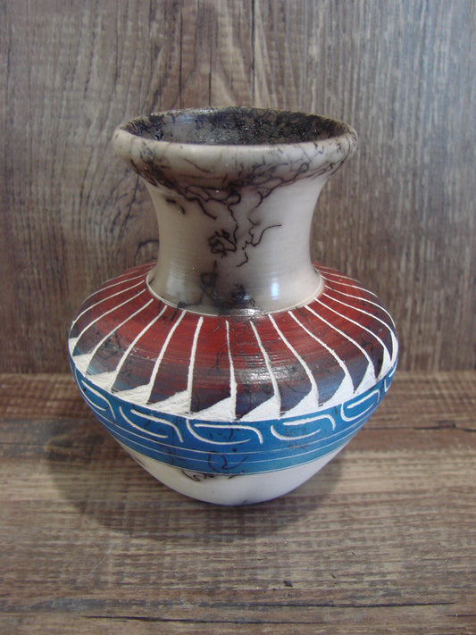 Small Native American Hand Etched Horse Hair Pottery - Benally