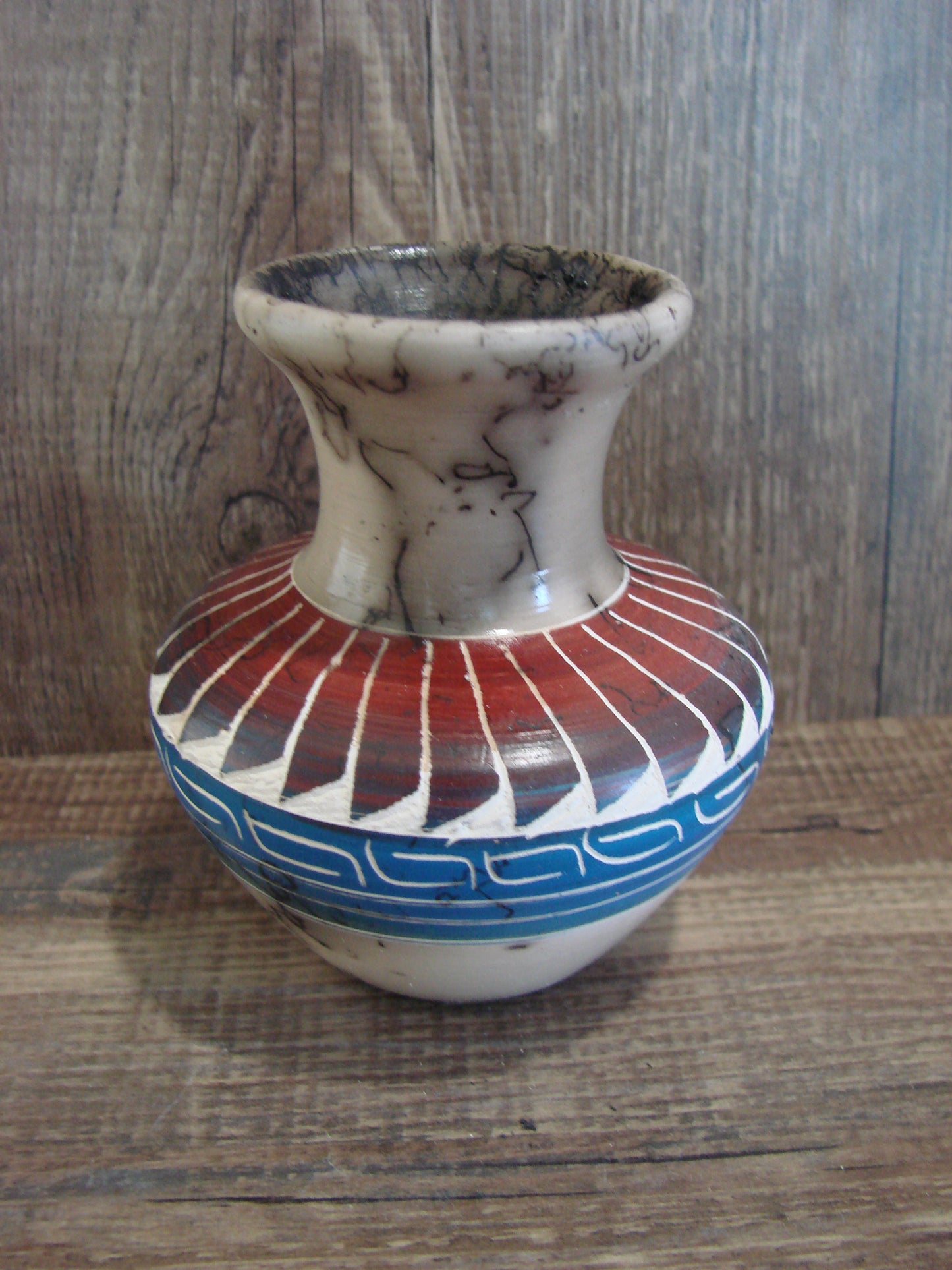 Small Native American Hand Etched Horse Hair Pottery - Benally