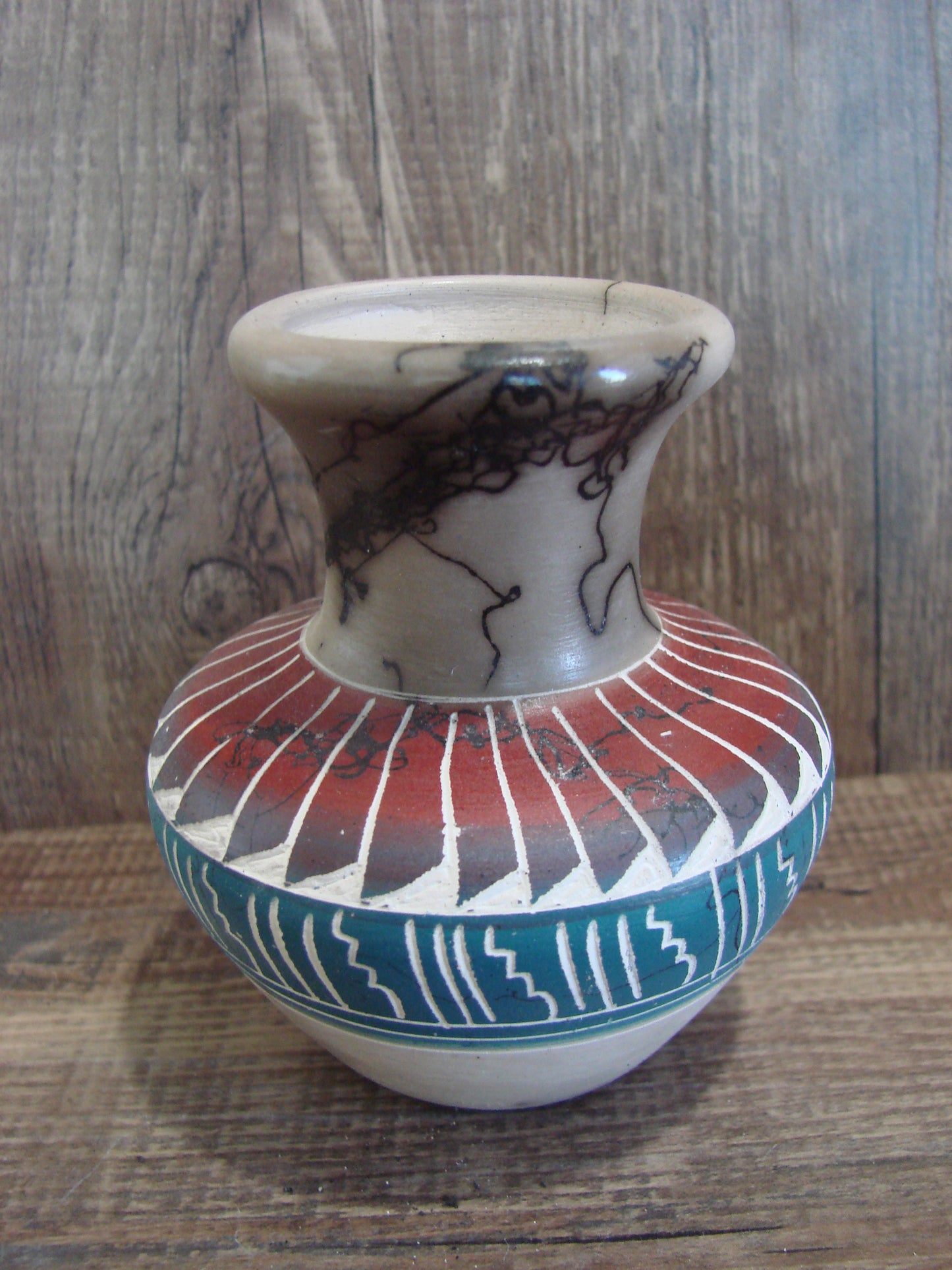 Small Native American Hand Etched Horse Hair Pottery - Benally