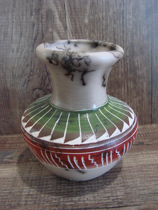 Small Native American Hand Etched Horse Hair Pottery - Benally