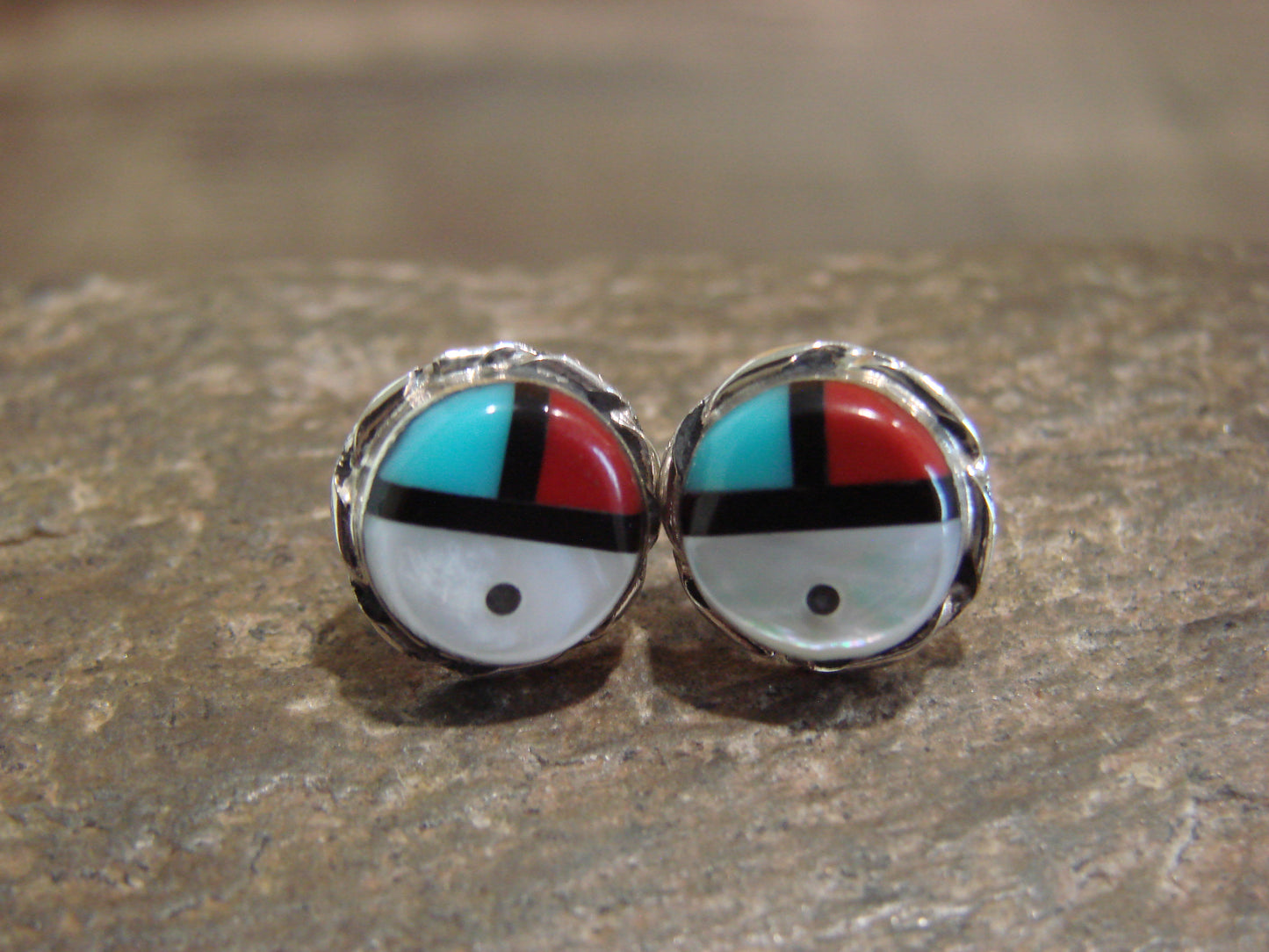 Zuni Indian 1/2" Turquoise Inlay Sunface Earrings by Lorraine Lonjose
