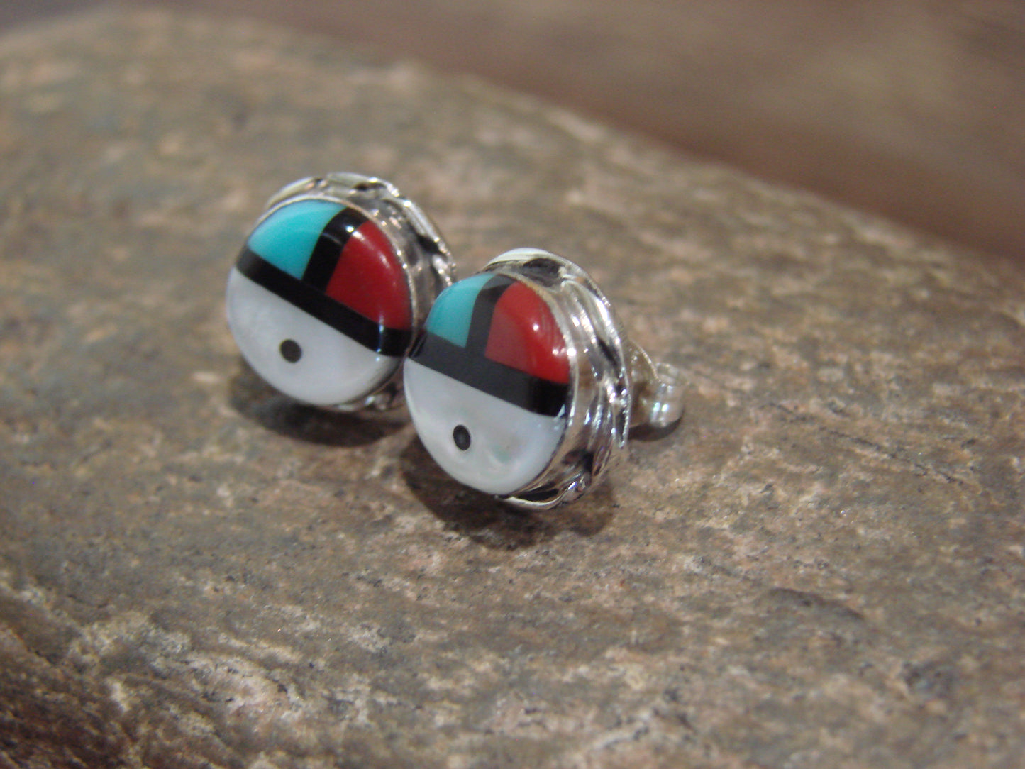 Zuni Indian 1/2" Turquoise Inlay Sunface Earrings by Lorraine Lonjose