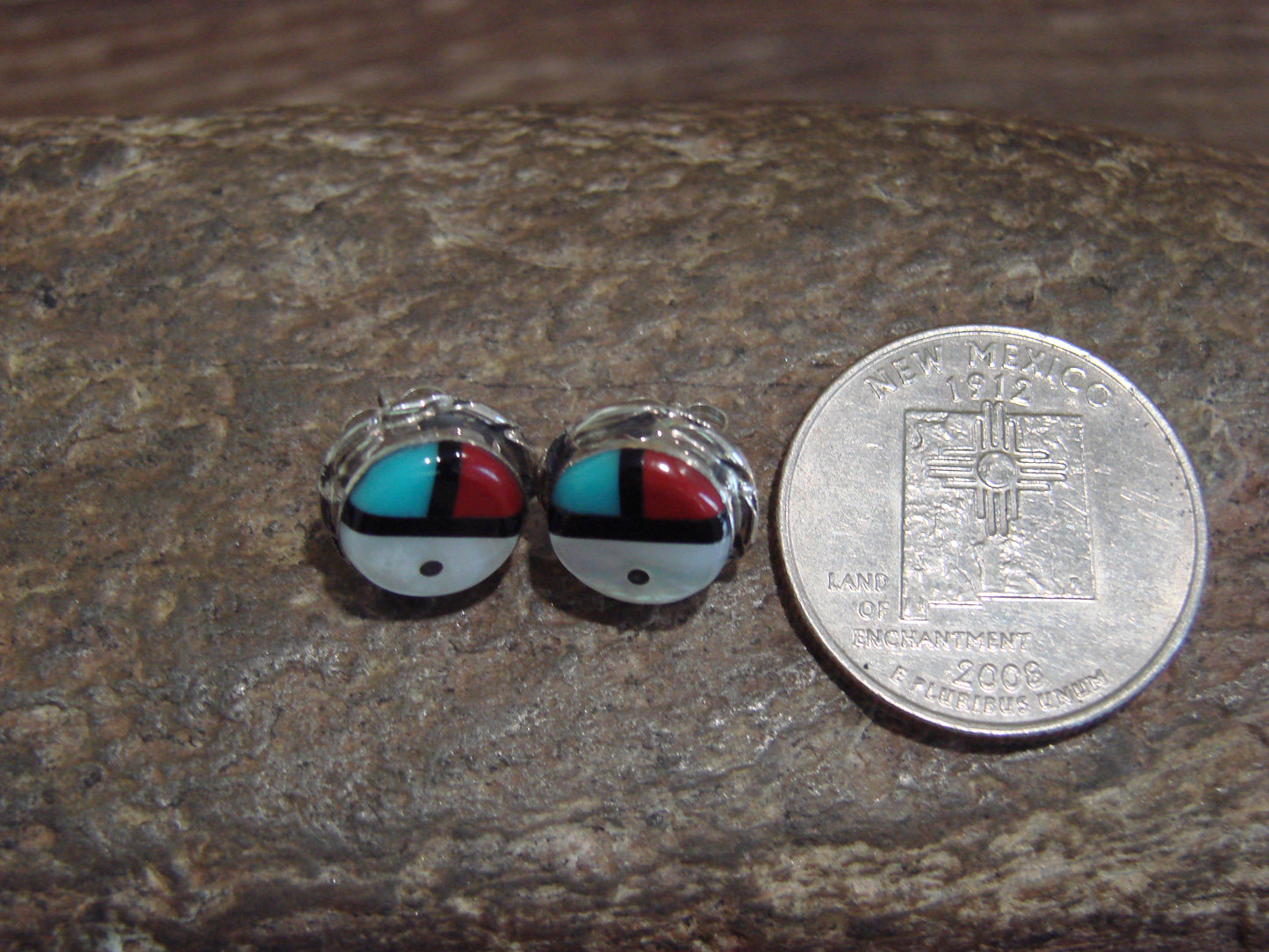 Zuni Indian 1/2" Turquoise Inlay Sunface Earrings by Lorraine Lonjose