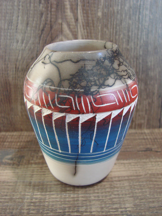 Small Native American Hand Etched Horse Hair Pottery - Benally