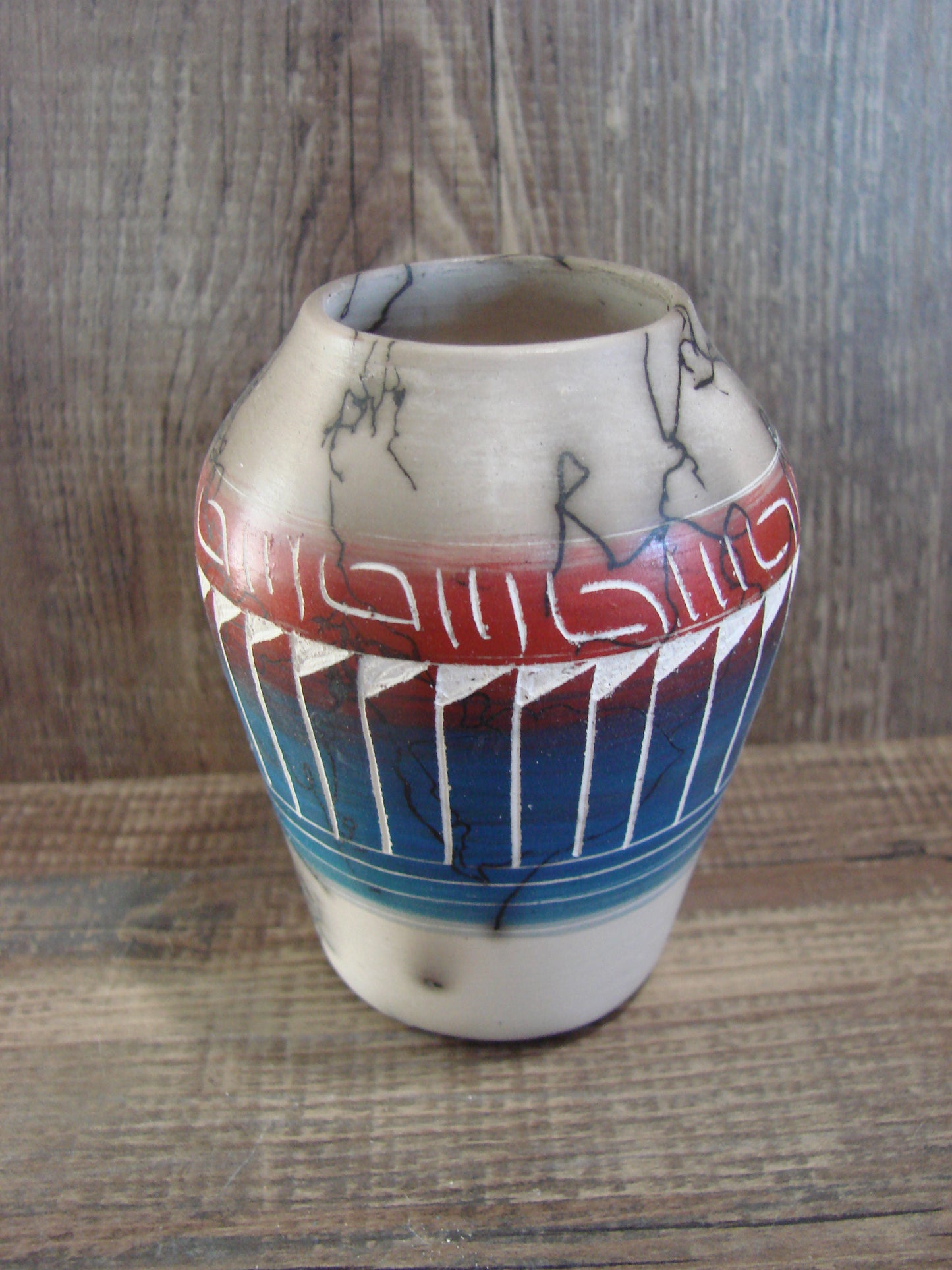 Small Native American Hand Etched Horse Hair Pottery - Benally