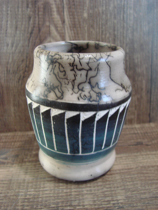 Small Native American Hand Etched Horse Hair Pottery - Benally