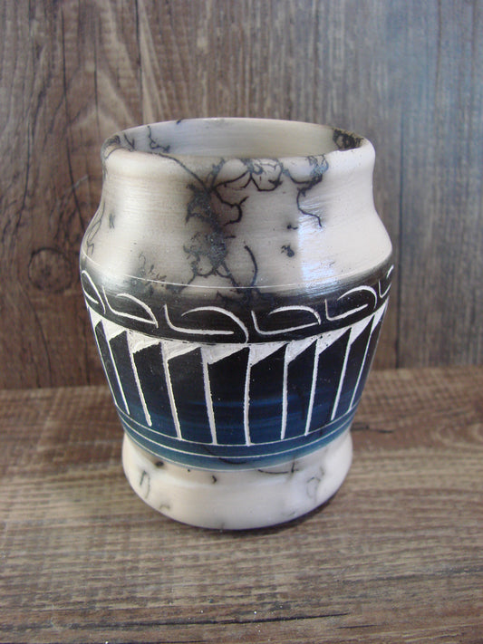 Small Native American Hand Etched Horse Hair Pottery - Benally