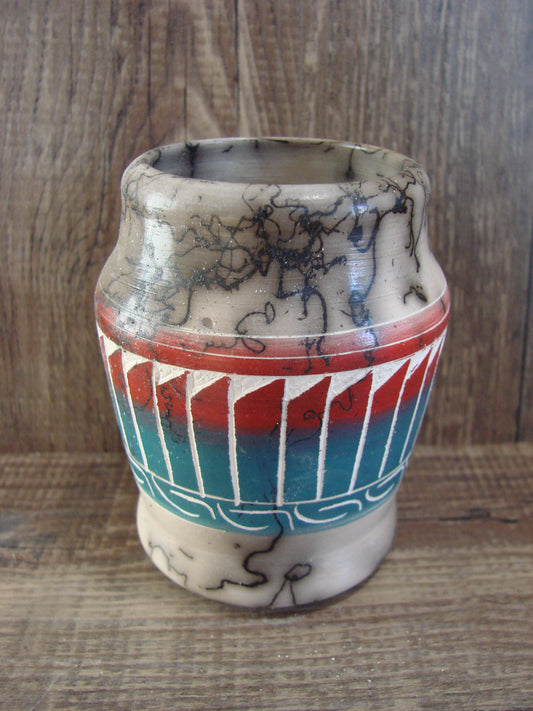 Small Native American Hand Etched Horse Hair Pottery - Benally