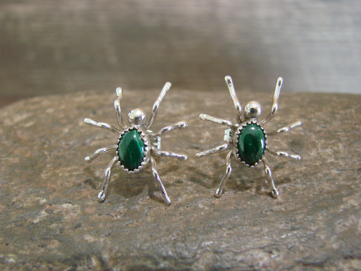Navajo Indian Sterling Silver & Malachite Spider Post Earrings - Garfield