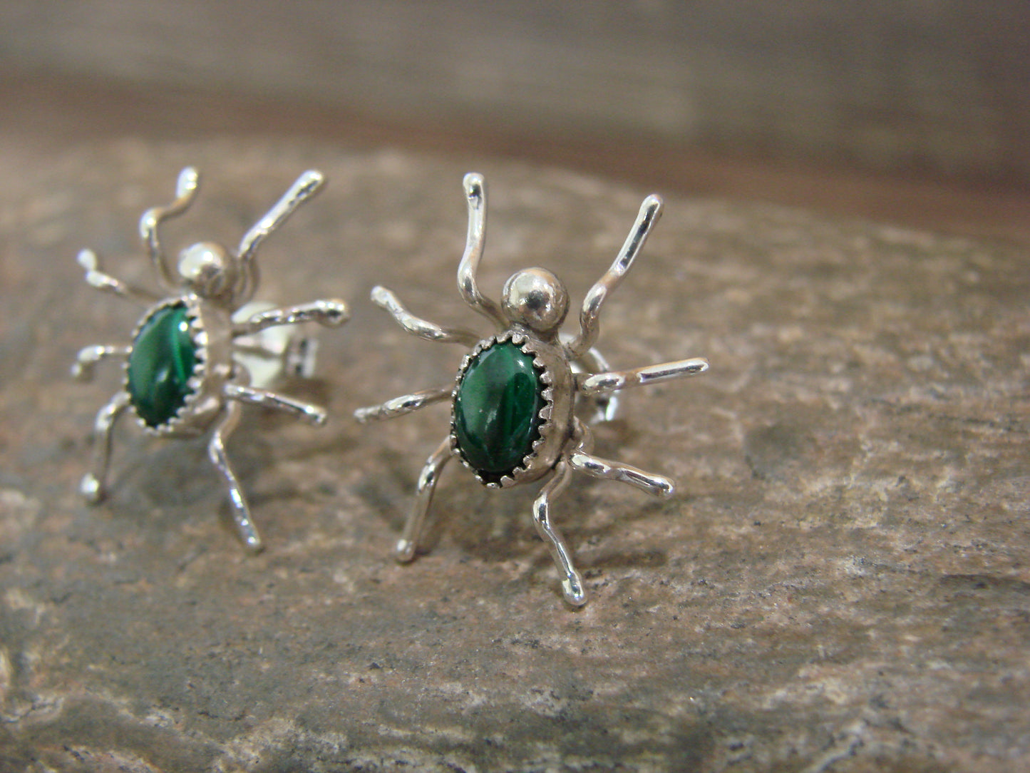 Navajo Indian Sterling Silver & Malachite Spider Post Earrings - Garfield