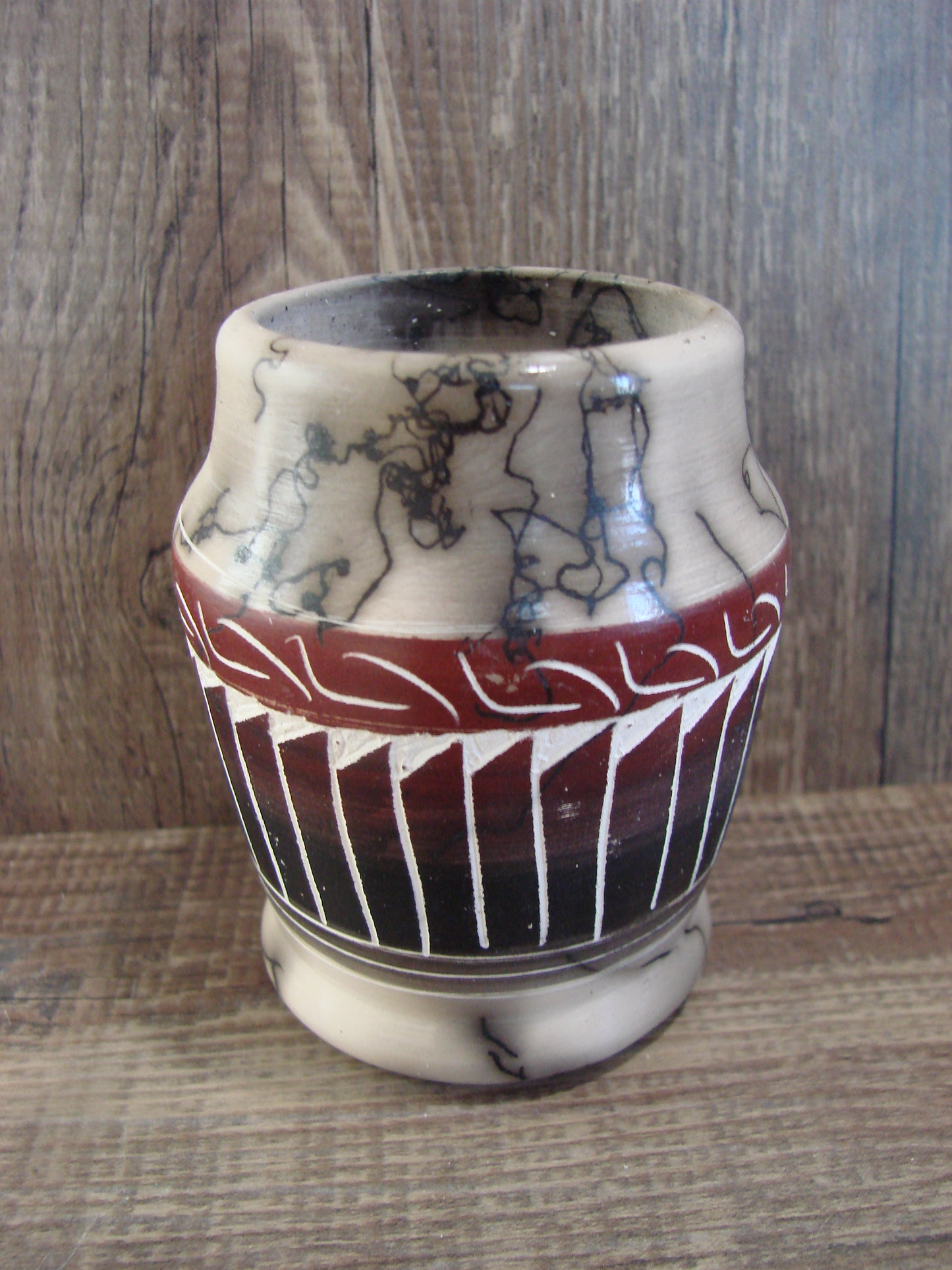 Small Native American Hand Etched Horse Hair Pottery - Benally