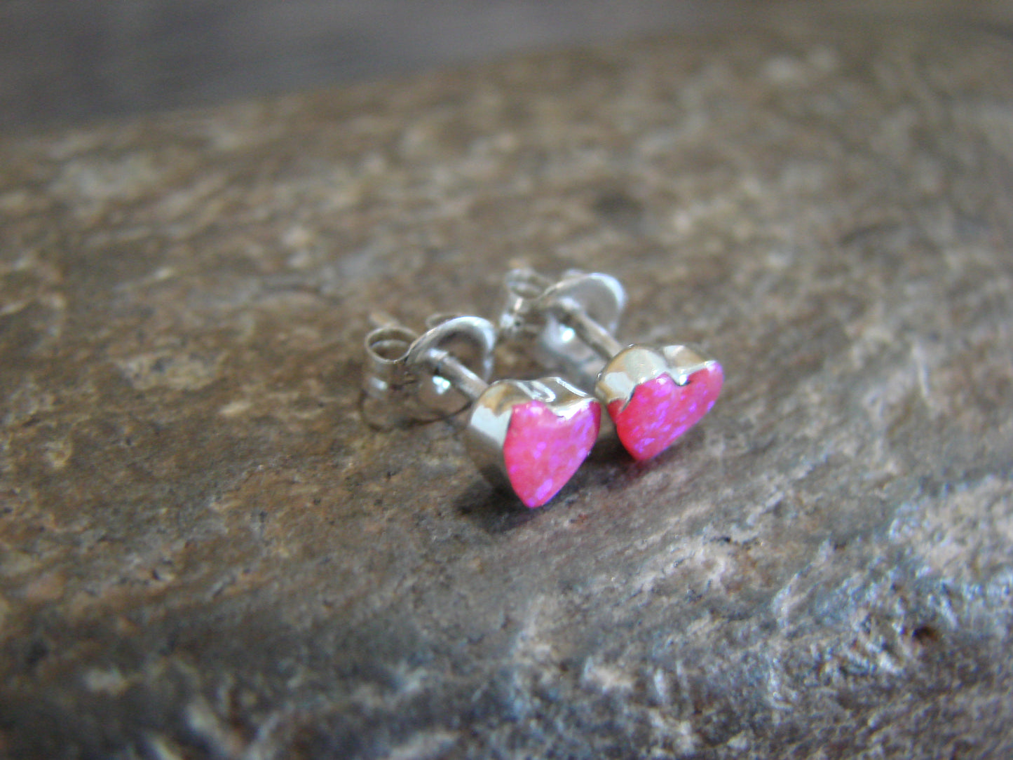Native American Sterling Silver Pink Opal Heart Post Earrings - Neha
