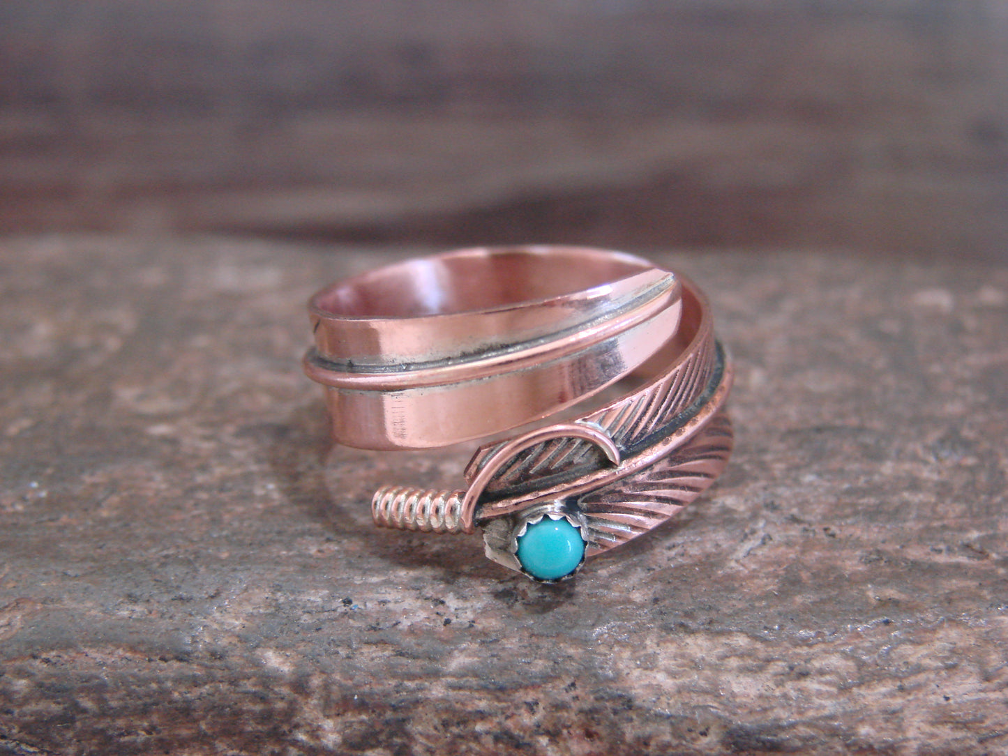 Native American Copper & Turquoise Adjustable Feather Ring Signed Davis