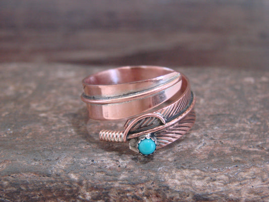 Native American Copper & Turquoise Adjustable Feather Ring Signed Davis
