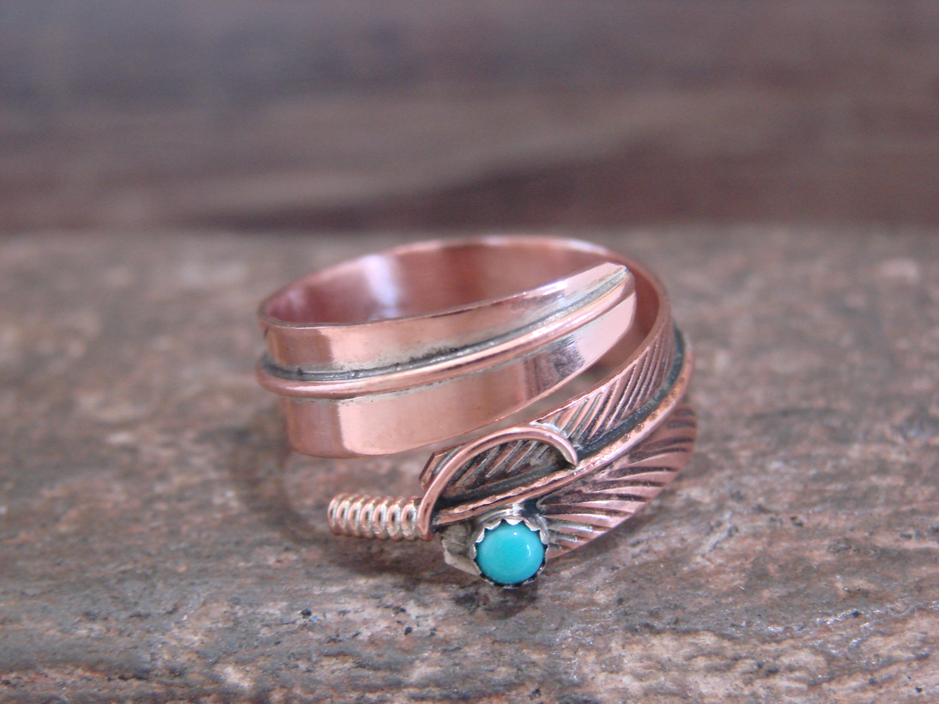 Native American Copper & Turquoise Adjustable Feather Ring Signed 