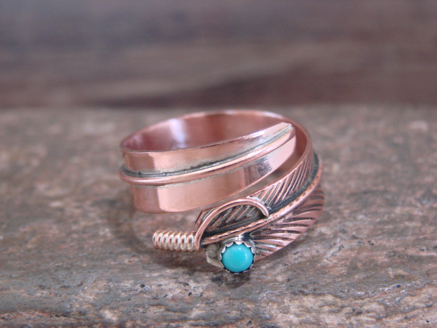 Native American Copper & Turquoise Adjustable Feather Ring Signed Davis