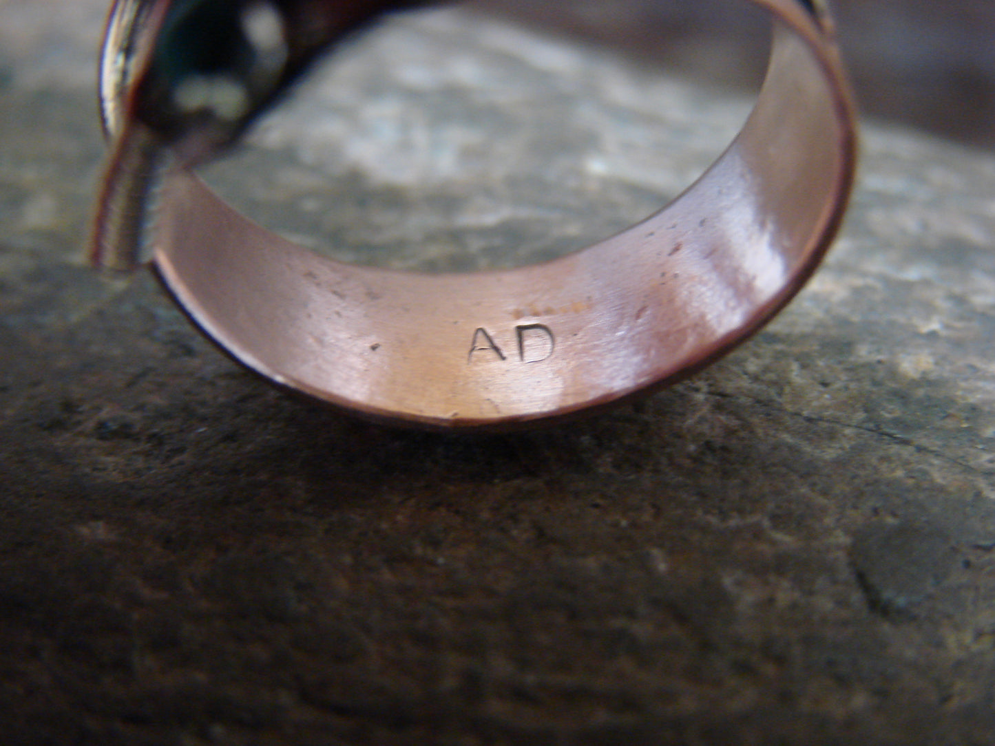 Native American Copper & Turquoise Adjustable Feather Ring Signed Davis