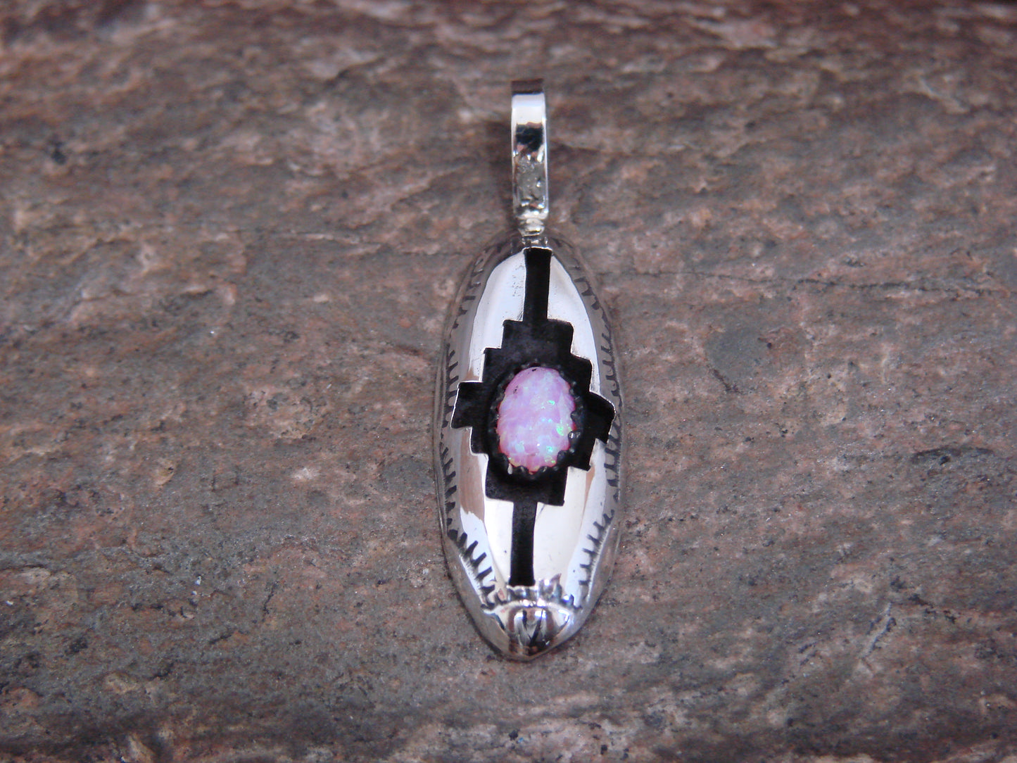 Native American Indian Sterling Silver & Pink Opal Shadow Box Pendant - Perry