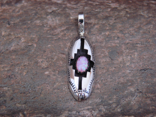 Native American Indian Sterling Silver & Pink Opal Shadow Box Pendant - Perry