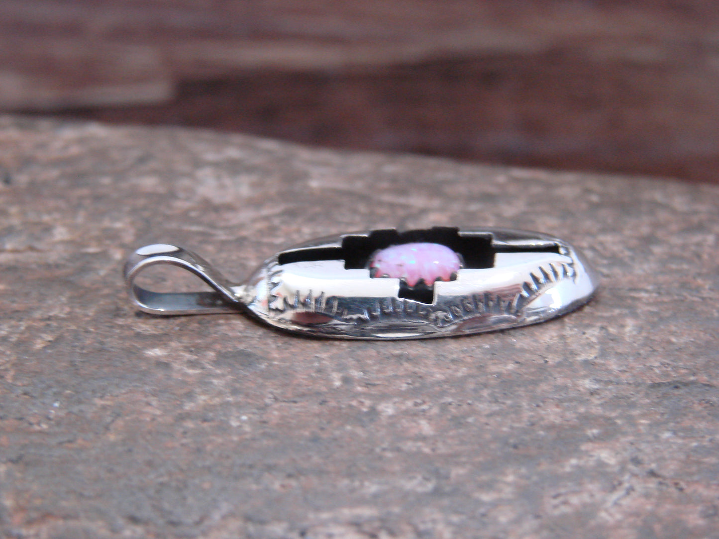 Native American Indian Sterling Silver & Pink Opal Shadow Box Pendant - Perry