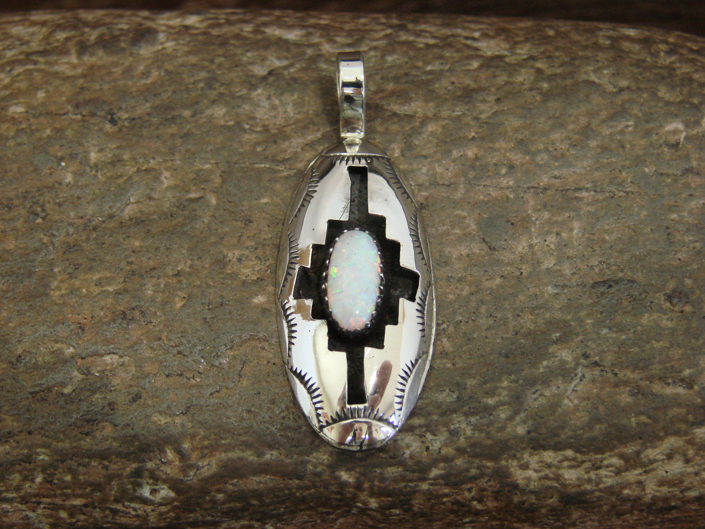 Native American Indian Sterling Silver & White Opal Shadow Box Pendant - Perry