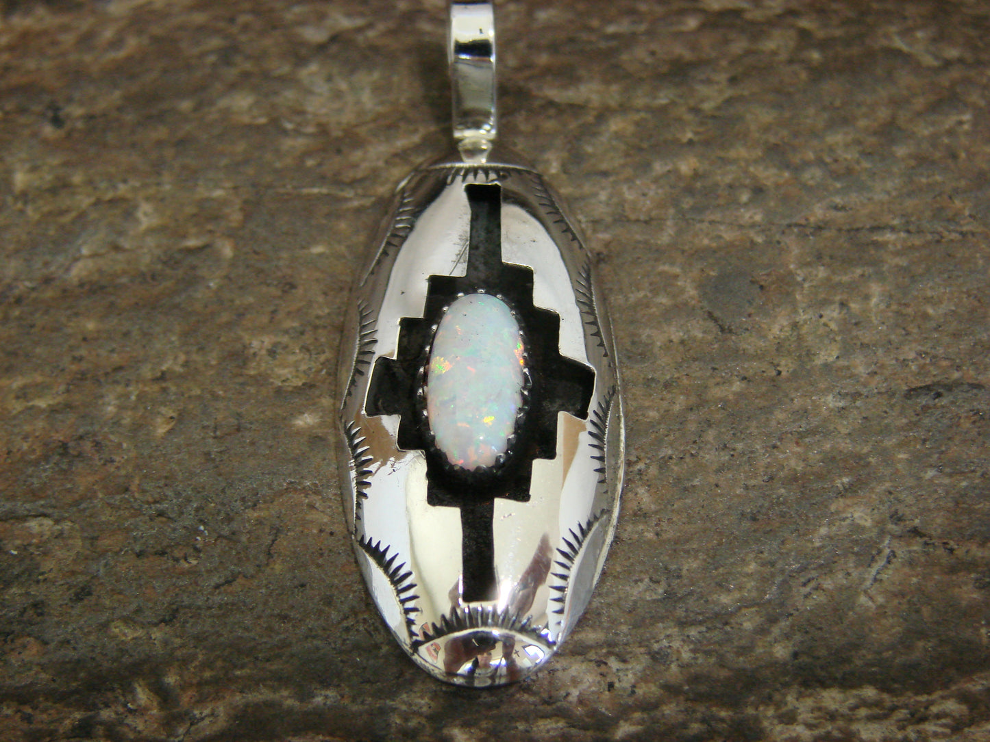 Native American Indian Sterling Silver & White Opal Shadow Box Pendant - Perry