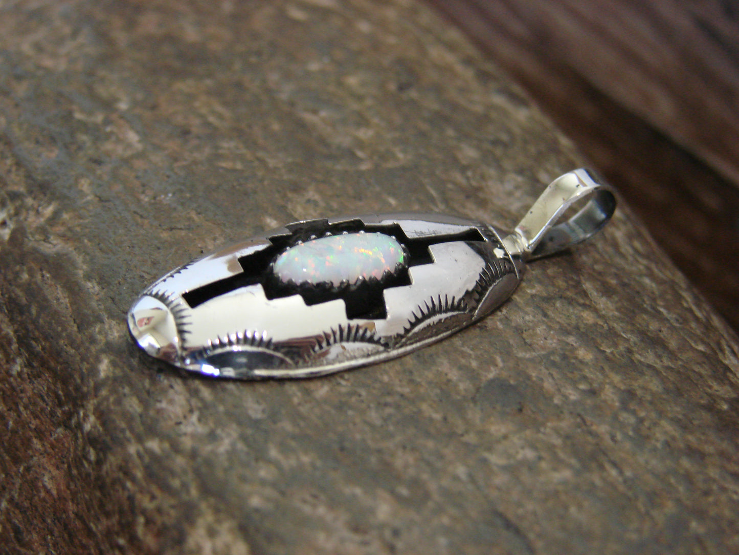 Native American Indian Sterling Silver & White Opal Shadow Box Pendant - Perry