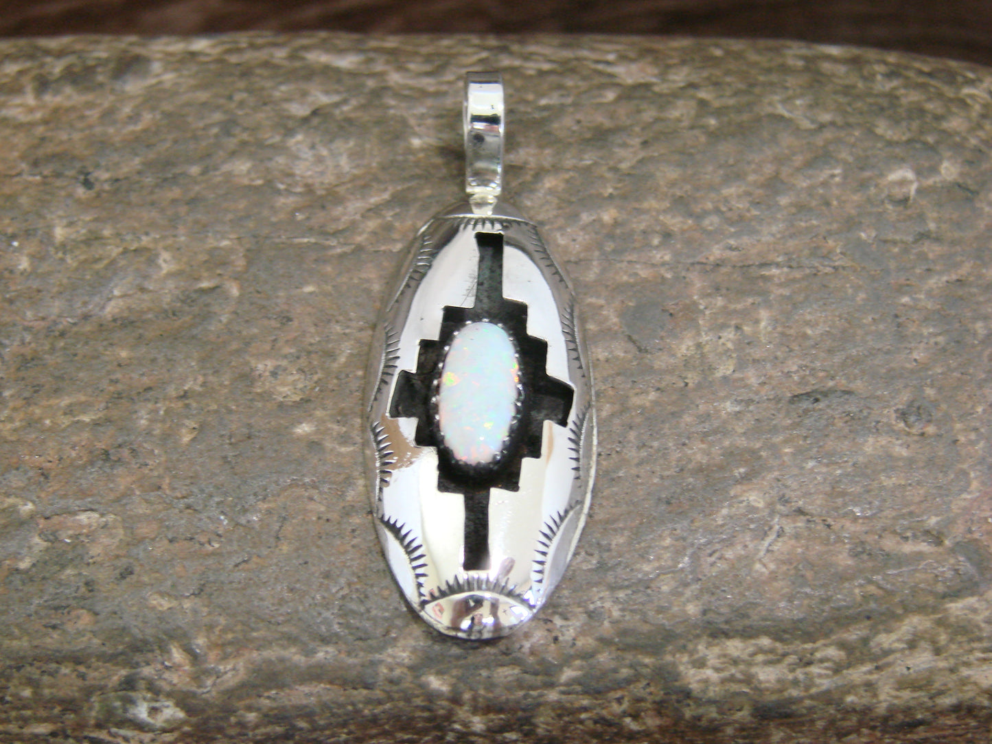 Native American Indian Sterling Silver & White Opal Shadow Box Pendant - Perry