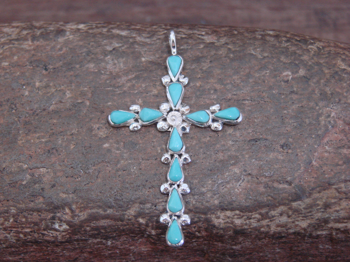 Native American Zuni Indian Sterling Silver Turquoise Cross Pendant by Vacit