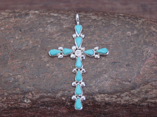 Native American Zuni Indian Sterling Silver Turquoise Cross Pendant by Vacit