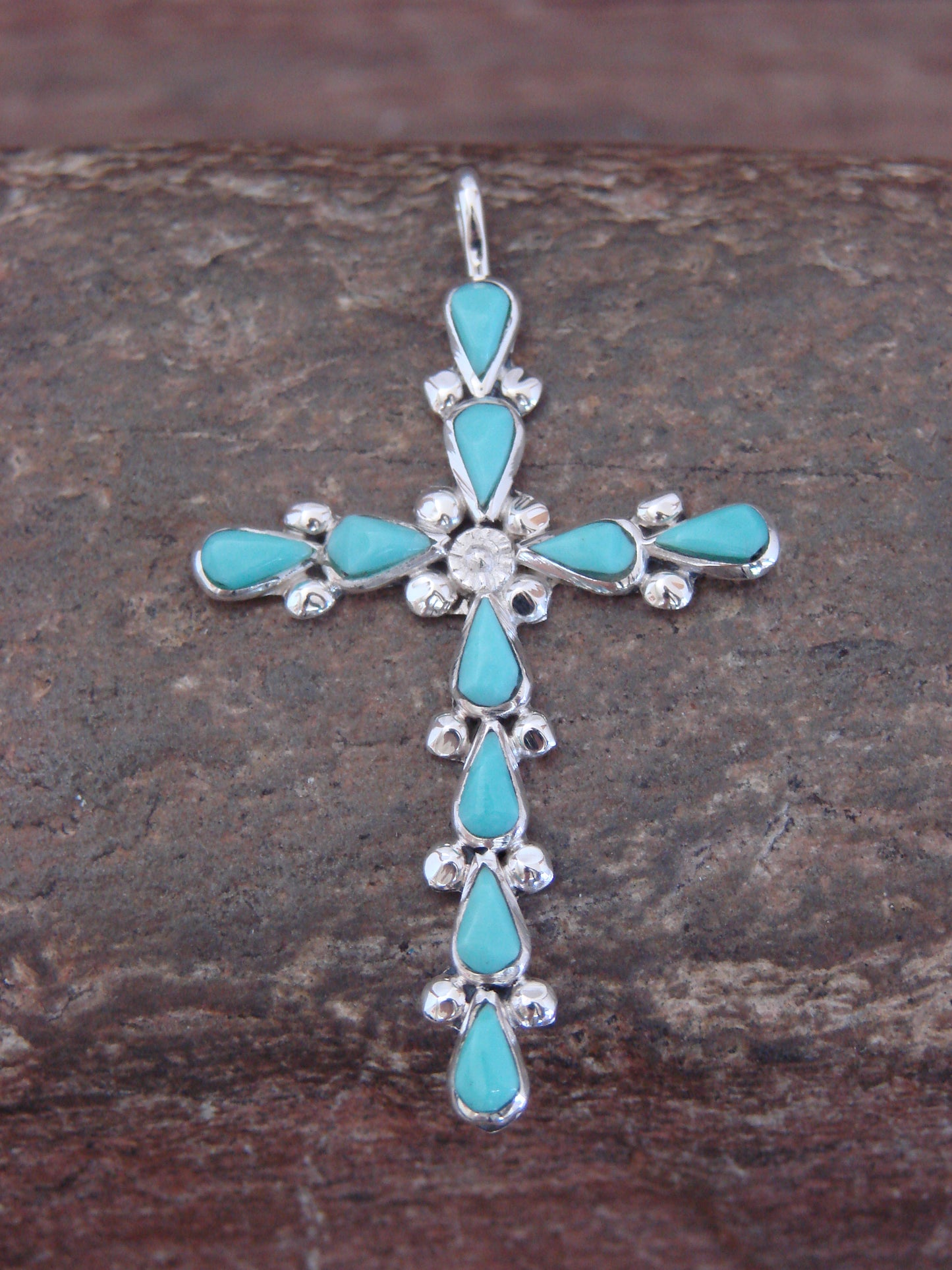 Native American Zuni Indian Sterling Silver Turquoise Cross Pendant by Vacit