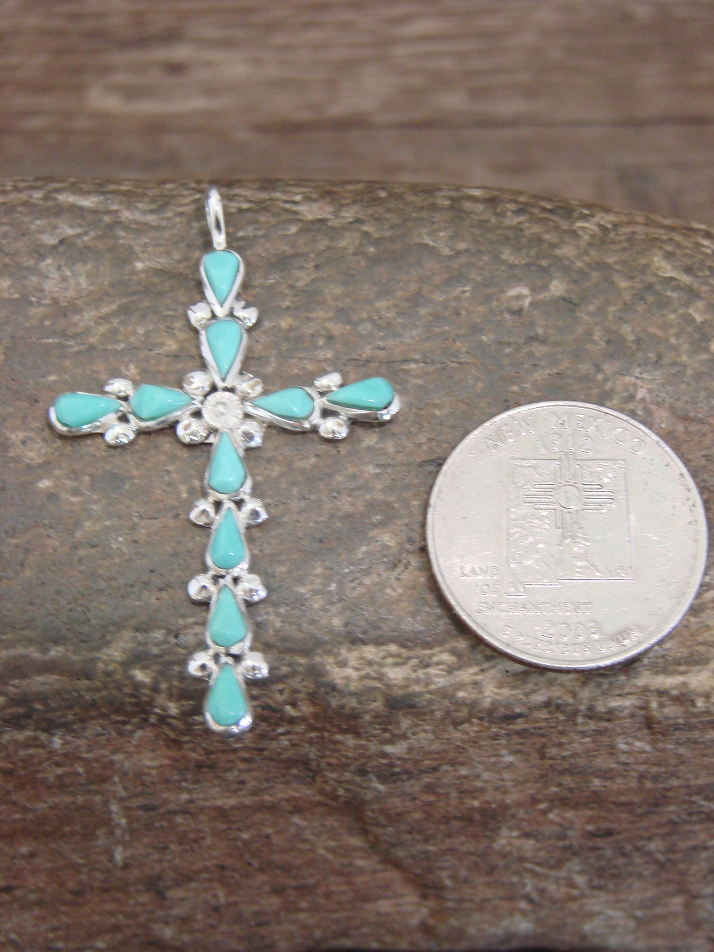 Native American Zuni Indian Sterling Silver Turquoise Cross Pendant by Vacit