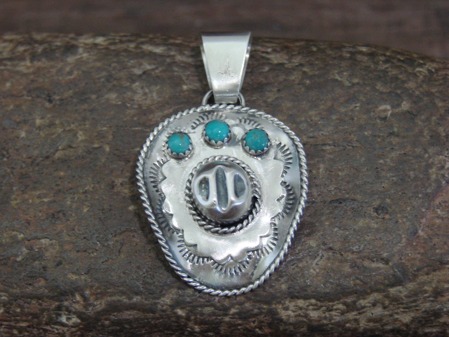 Native American Sterling Silver & Turquoise Cowgirl Hat Pendant by Platero