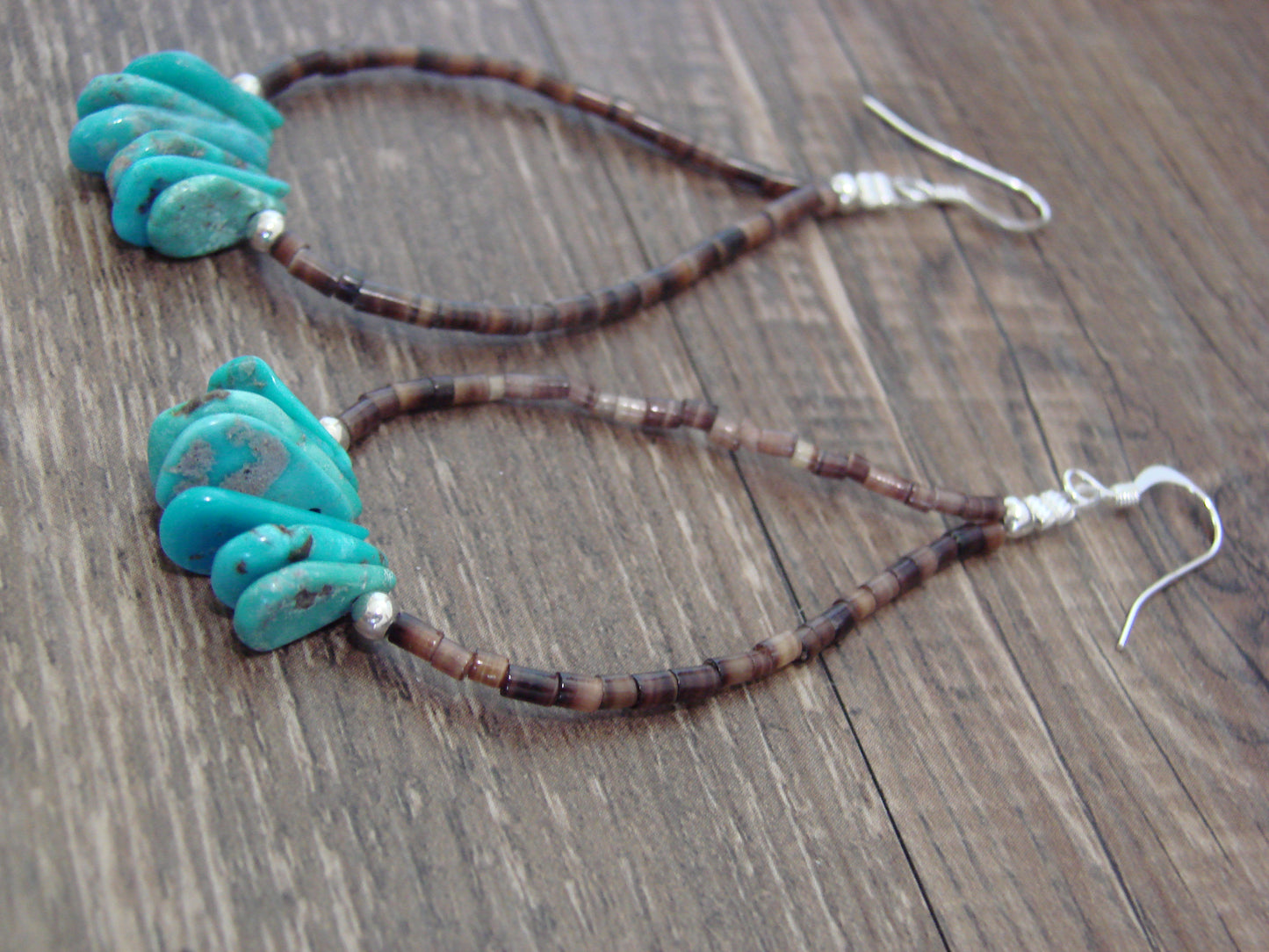 Native American Hand Beaded Turquoise Stone Dangle Earrings by Jake