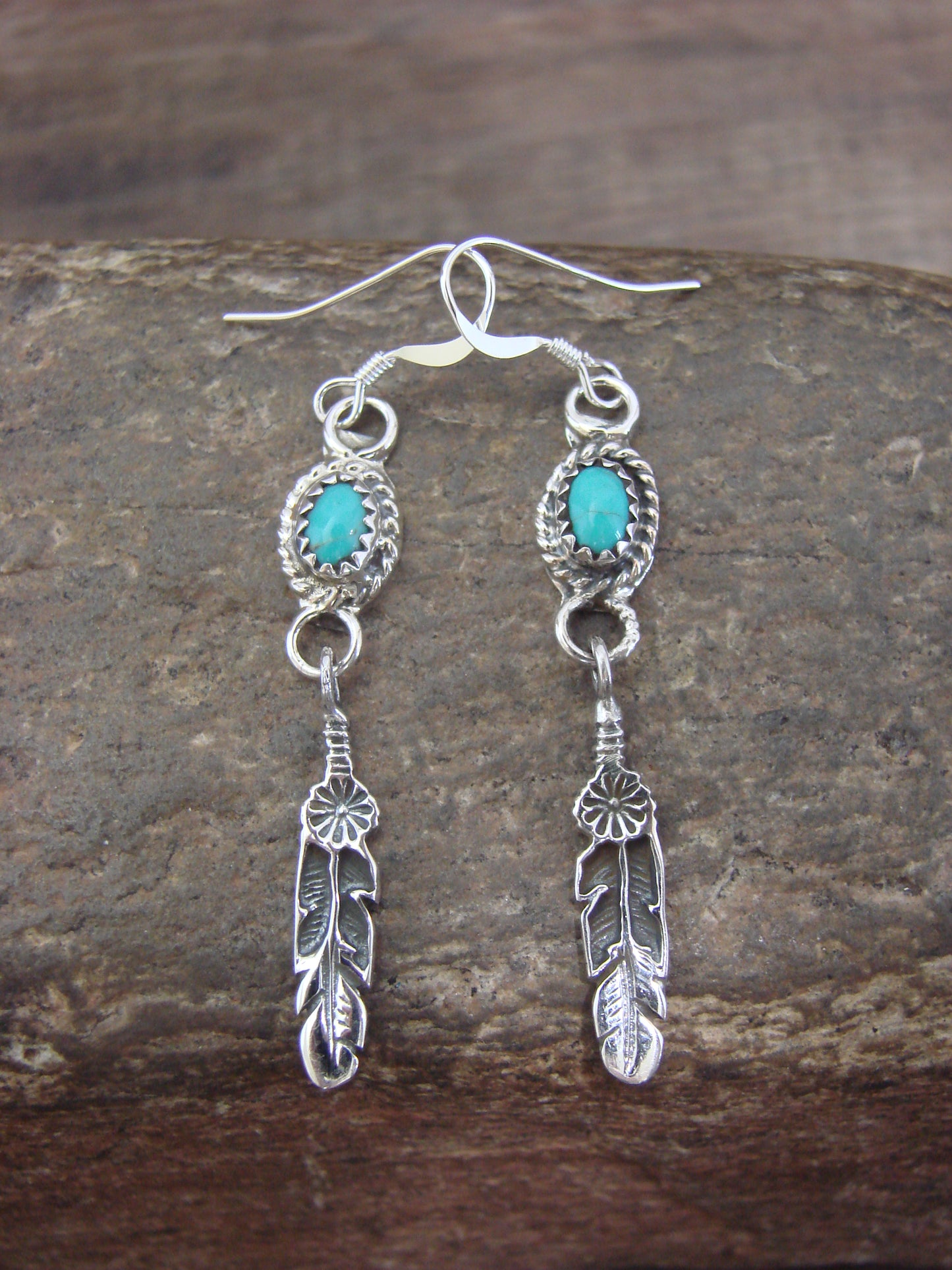 Native American Sterling Silver Turquoise Feather Dangle Earrings by Largo