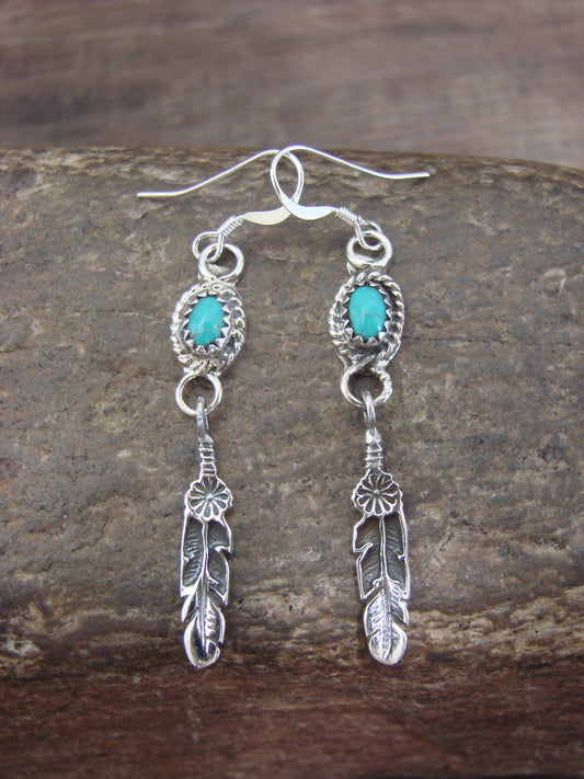 Native American Sterling Silver Turquoise Feather Dangle Earrings by Largo