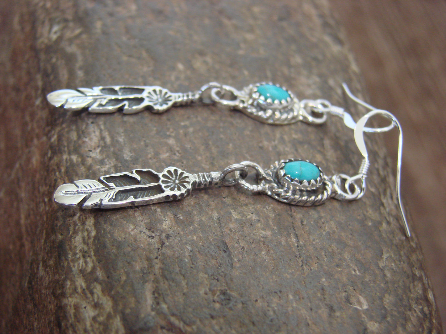 Native American Sterling Silver Turquoise Feather Dangle Earrings by Largo