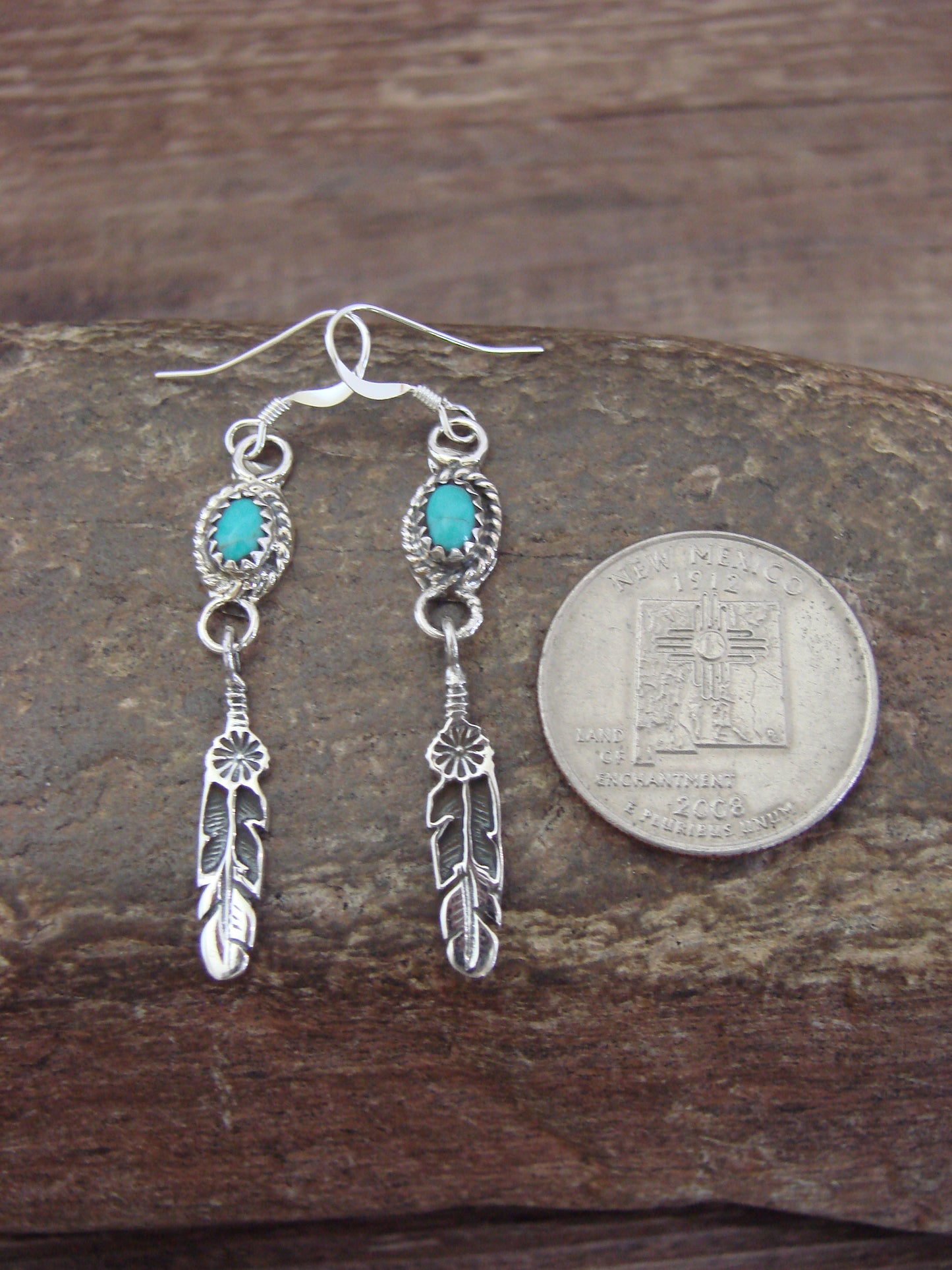 Native American Sterling Silver Turquoise Feather Dangle Earrings by Largo