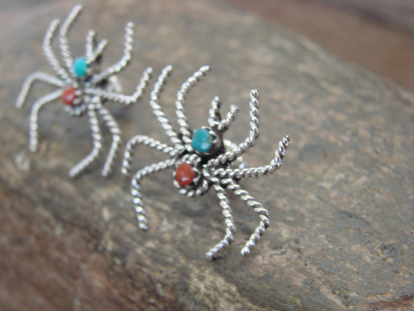 Native American Sterling Silver Turquoise & Coral Spider Post Earrings - Weebothee