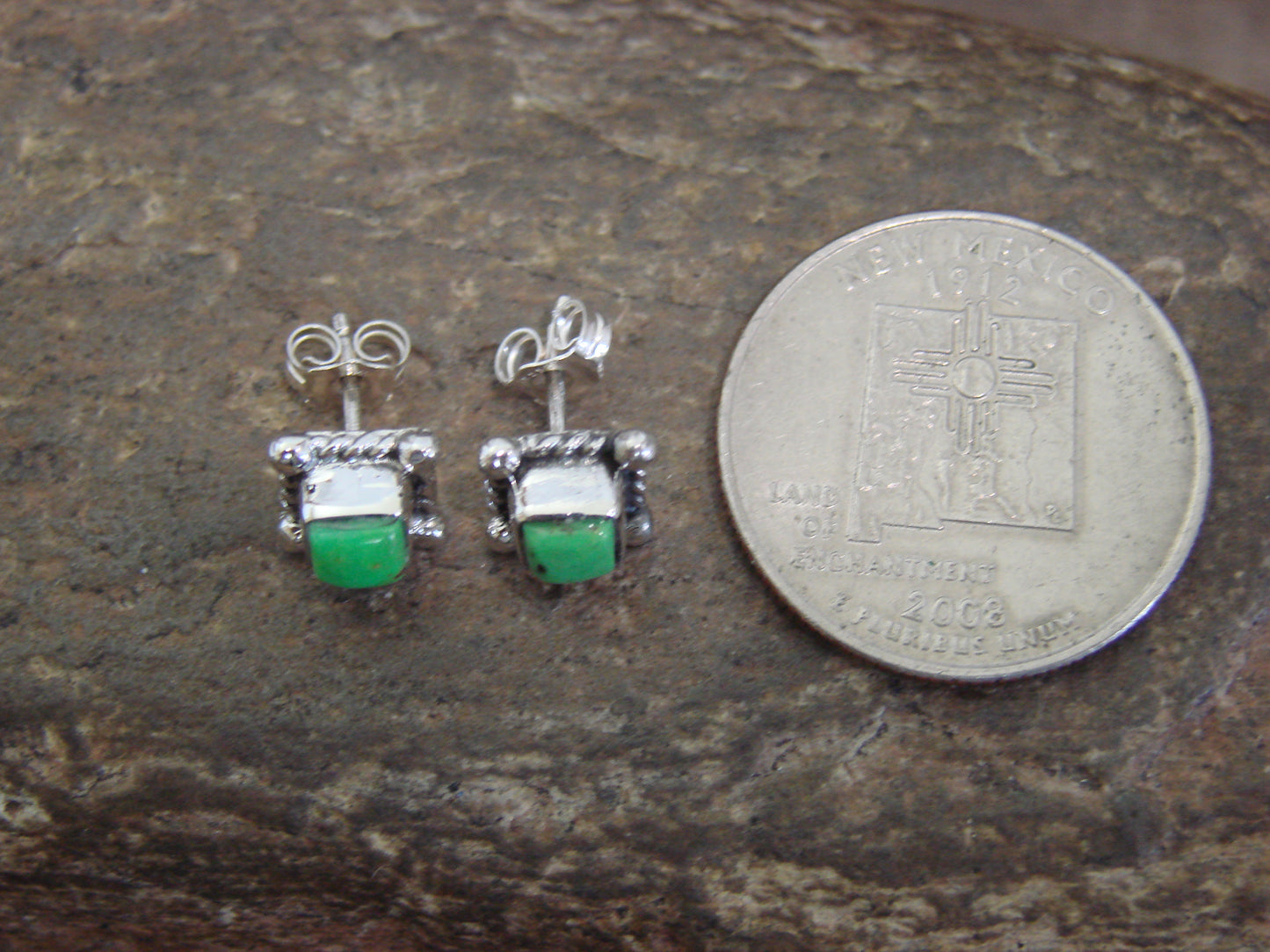 Native American Sterling Silver & Gaspeite Square Stud Post Earrings - Jack