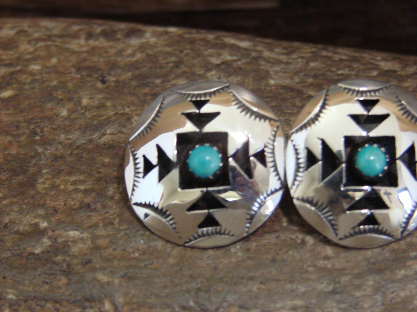 Native American Sterling Silver & Turquoise Shadowbox Post Earrings - Perry