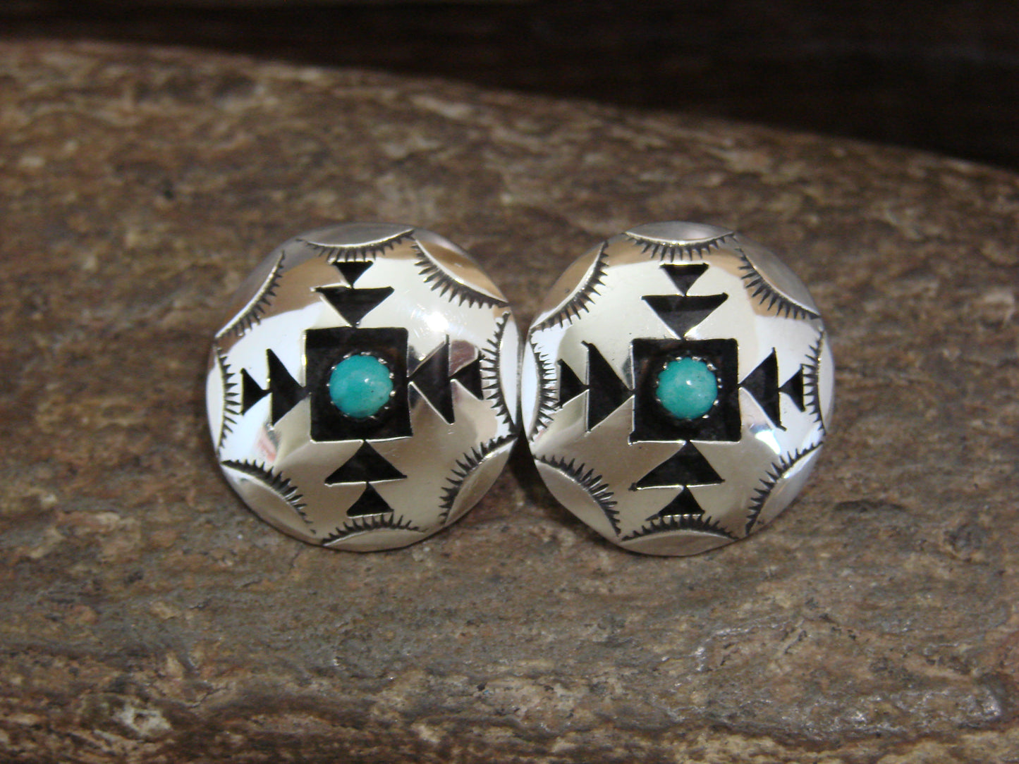 Native American Sterling Silver & Turquoise Shadowbox Post Earrings - Perry
