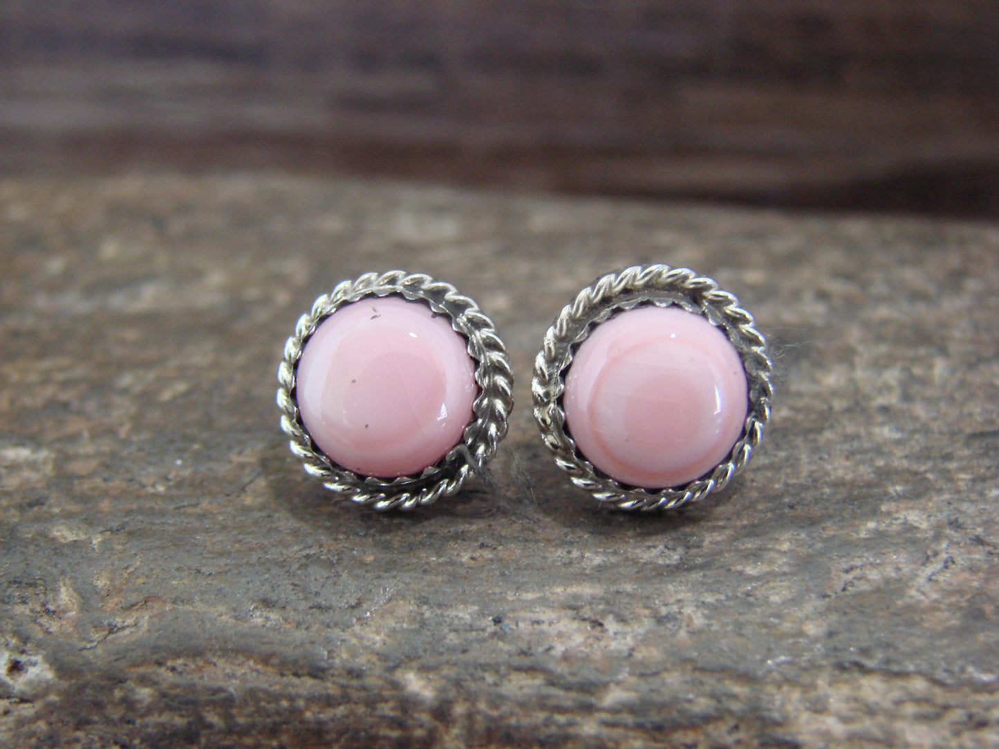 Navajo Indian Sterling Silver 3/8" Round Pink Shell Post Earrings by White