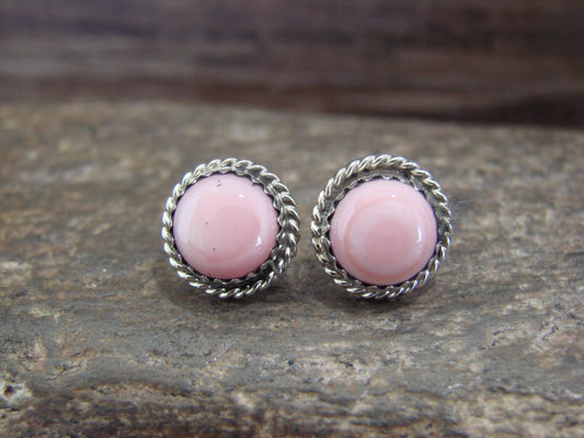 Navajo Indian Sterling Silver 3/8" Round Pink Shell Post Earrings by White