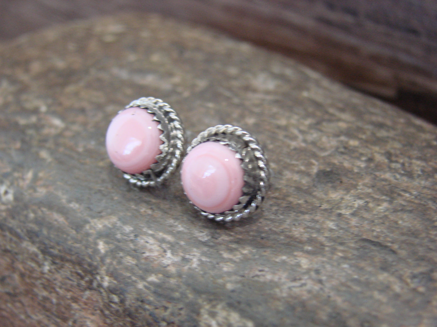Navajo Indian Sterling Silver 3/8" Round Pink Shell Post Earrings by White