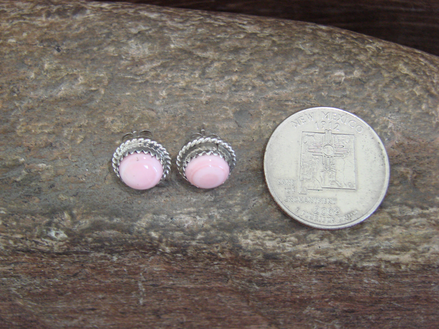 Navajo Indian Sterling Silver 3/8" Round Pink Shell Post Earrings by White