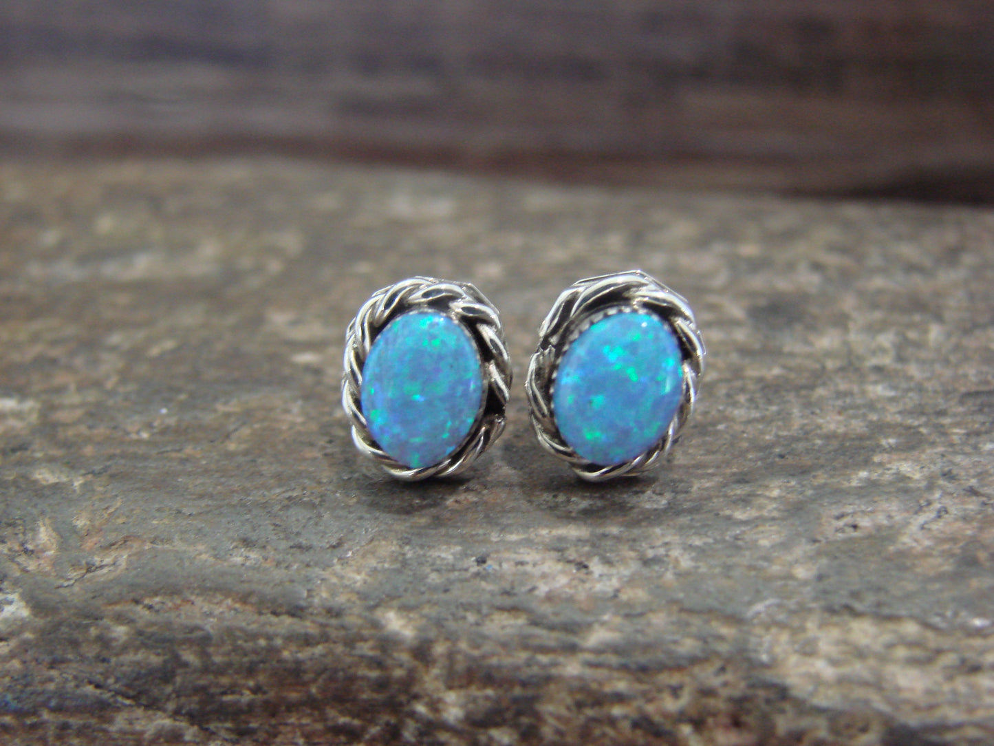 Native American Sterling Silver Oval Blue Opal Stud Post Earrings by Cachini