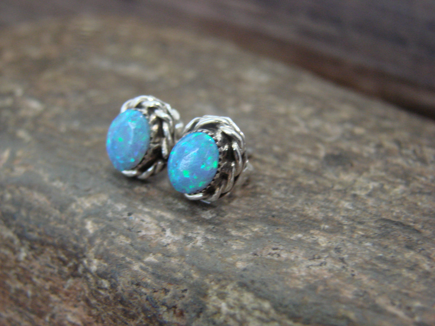 Native American Sterling Silver Oval Blue Opal Stud Post Earrings by Cachini