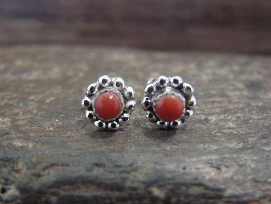 Native American Sterling Silver Handmade Coral Post Earrings - Laate